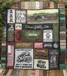 a quilt made to look like it has many different patches and words on the front