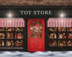 Village Toy Store - HSD Photography Backdrops Christmas Toy Store, Store Photography, Christmas Toy Shop, Santa Toys, Diy Christmas Village, Christmas Photography Backdrops, Shop Doors, Christmas Backdrops, Vinyl Backdrops