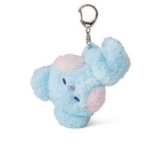 a blue stuffed elephant keychain with a pink nose and purple eye patch on it