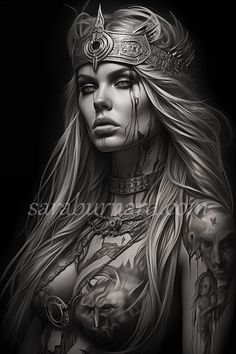 a woman with long hair and tattoos on her chest, wearing a headdress