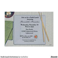 an advertisement for sushi lunch with chopsticks on the table and green napkin