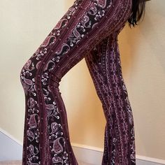 Boho Floral Printed Flared Pants With Elastic Band And Fit Detail 92%Polyester 8% Spandex You Will Receive A Brand New Pair Of Pants Not The Ones Being Modeled In The Pictures. Fitted Burgundy Pants For Party, Burgundy Fitted Pants For Parties, High Waist Fitted Bottoms For Festival, Fitted Full-length Pants For Festival, Fitted Burgundy Bottoms For Party, Fitted Wide Leg Bottoms For Festival, Casual Fitted Bottoms For Festival, Fitted Wide Leg Festival Bottoms, Fitted Trousers For Festivals