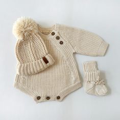 Elliot rompers have a chunky oversized fit. If your child is in-between sizes, we recommend to size down.   Our 100% Cotton Rice Set is made from 2 color yarns. Sweater romper and matching booties are a mix of beige and cream yarns which creates a beautiful contrasting 2 tone Rice color! Option for this set are: option #A Romper Only option #B Romper + Booties option #C Romper + Booties + Beanie hat Cozy Chunky braid knit sweater Romper Matching Knit booties Matching knit acrylic Beanie Please N Sweater Romper, Knit Baby Romper, Gifts For Expecting Parents, Sweater Socks, Hat Light, Option B, Knitted Booties, Expecting Parents, Neutral Design