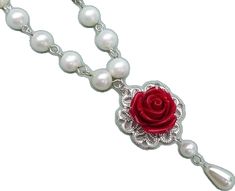 Elegant Rose Necklaces For Valentine's Day, Elegant Red Jewelry With Pearl Pendant, Red Elegant Jewelry With Pearl Pendant, Red Pearl Necklaces For Valentine's Day, Elegant Rose Red Necklace For Valentine's Day, Elegant Rose Design Jewelry For Valentine's Day, Rose Color Necklace For Valentine's Day, Rose Color Formal Necklace For Valentine's Day, Rose Necklace For Valentine's Day