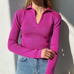 Experience the warmth and elegance of our Women's V-Neck Long Sleeve Slim Fit Sweaters. Made with high-quality polyester and spandex material, this sweater provides a comfortable and stretchy fit, allowing you to move around with ease. The slim-fit design adds a touch of sophistication, making it perfect for any occasion. Available in a variety of solid colors, this sweater is perfect for the autumn and winter seasons. Don't miss out on this stylish and comfortable addition to your wardrobe. Ord Lapel Top, Slim Fit Sweater, Ribbed Shirt, Knit Tops, Friends Fashion, Casual Tops For Women, Fashion Seasons, Casual Sweaters, Knit Jumper