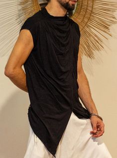 Jedi Mens Top in Black – glorka Bohemian Streetwear Tops For Summer, Black Casual Muscle Tee For Yoga, Casual Black Muscle Tee For Yoga, Summer Yoga Muscle Tee With Relaxed Fit, Fitted Summer Tops With Dropped Armholes, Black Relaxed Fit Top For Festival, Black Relaxed Fit Top For Yoga, Black Bohemian Top For Alternative Fashion, Bohemian Summer Tops For Meditation