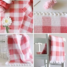 crochet patterns for blankets and afghans with flowers on the side, including a pink plaid blanket