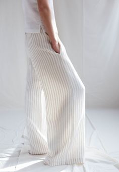 Stripe Pants Outfit, Linen Palazzo Pants, Wide Leg Linen Trousers, Striped Linen Pants, Loungewear Outfits, Wide Leg Romper, Linen Bottoms, Stylish Pants, Pants Loose