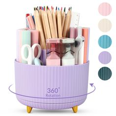 a purple container filled with lots of different types of pens and pencils on top of each other