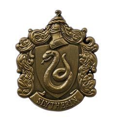 an emblem with a snake on it and the words slytheron written in gold