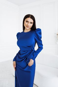 Fabric: Satin silk Viscose 35%, Polyester 35%, Cotton 20% Nylon 10% Wrap dress Midi length Long sleeves Asymmetric hem Satin Dresses Outfit, Blue Satin Dress Long, Satin Dress Outfit, Blue Satin Dress, Wedding Outfits For Women, Wrap Dress Midi, Long Sleeve Evening Dresses, Glamour Dress, Long Sleeve Gown