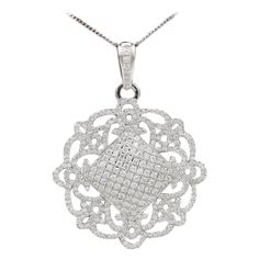 Elegant Diamond Ornament Style Pendant, Full with Diamonds. 18k White Gold 8.60 grams. Total Diamonds 1.87 carat G-SI. Size: Approx 30 mm or 1.25' Inch. Looks much better in real. + Chain 16' Inch Diamond Pendant, Diamond Necklace, Jewelry Necklace Pendant, Jewelry Necklaces, Diamonds, White Gold, Pendant Necklace, Chain, Pendant