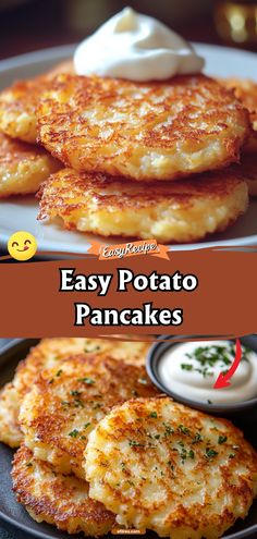 easy potato pancakes with sour cream on top and an image of the same pancake