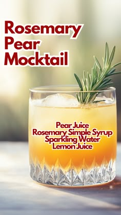 rosemary pear cocktail in a glass with ice and rosemary garnish on the rim