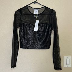 Bcbg Girls Sequin Long Sleeve Top. Mesh Back. Brand New. With Tags. Fall Party Mesh Crop Top, Stretch Long Sleeve Mesh Top For Party Season, Black Stretch Crop Top For Party, Black Stretch Crop Top For Party Season, Black Long Sleeve Top For Party Season, Trendy Fitted Tops For Party Season, Black Stretch Top For Party Season, Fitted Black Tops For Party Season, Ruffle Shoulder Top