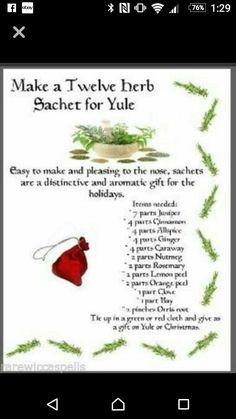 a card with an image of a potted plant and the words make a twelve herb sachet for yule