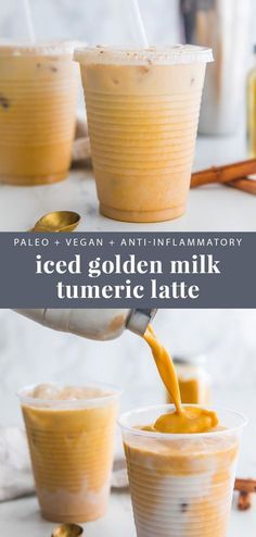 iced golden milk tumerice latte is being poured into two cups