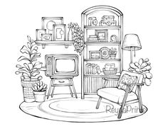 a black and white drawing of a living room with furniture, bookshelf, potted plants and television