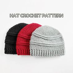 three crocheted hats with the words hat crochet pattern written below them