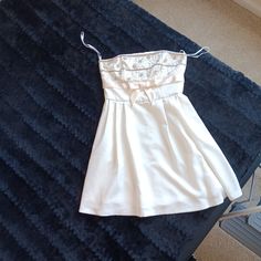 The White Satin Strapless Dress Has A Beaded Empire Waistline. Satin Strapless Dress, Sweetheart Strapless Dress, Strapless Organza, Betsey Johnson Dress, Strapless Lace Dress, Vintage Betsey Johnson, Betsey Johnson Dresses, Empire Waistline, Lace Overlay Dress