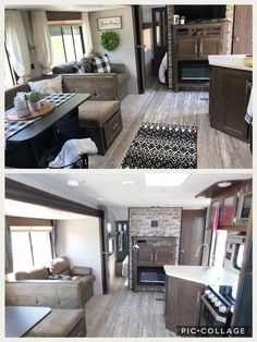 the interior and exterior of an rv with wood flooring, couches, kitchenette, dining room table and living room