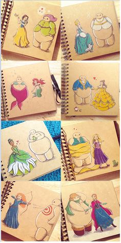 several notebooks with drawings of princesses and snowmen on them, all lined up