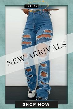 Ripped Cutout Fringe Hem Denim Pants Trendy Mid-rise Jeans With Holes, Mid-rise Ripped Denim Bottoms, Mid-rise Ripped Denim Blue Bottoms, Ripped High Waist Non-stretch Jeans, High Rise Medium Wash Bottoms With Holes, Non-stretch Distressed High Waist Jeans, Distressed Non-stretch High Waist Jeans, Non-stretch High Waist Distressed Jeans, Trendy Dark Wash Distressed Bottoms