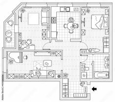 an apartment floor plan with two rooms and one bedroom on the first floor, in black and white