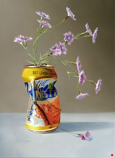 a painting of purple flowers in a can