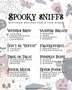 Essential oil blends for spooky vibes in your house. Witchy Essential Oil Diffuser Blends, Witchy Diffuser Blends, Witchy Essential Oil Blends, Witchy Scents, Essential Oil Perfumes Recipes, Halloween Breakfast, Essential Oil Combinations, Perfume Recipes