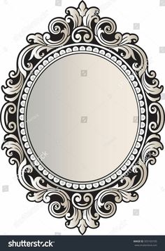 an ornate black and white frame with a round mirror on the side, isolated against a white background