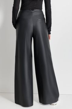 Fall Wide Leg Faux Leather Pants, Faux Leather Wide Leg Pants For Fall, Trendy Wide-leg Leather Pants, Leather Wide Leg Pants For Fall, High Waist Leather Bottoms With Faux Front Pockets, Faux Leather Wide Leg Pants For Work, Trendy Wide Leg Leather Pants, Fall Leather Wide Leg Pants, Chic Wide-leg Faux Leather Pants