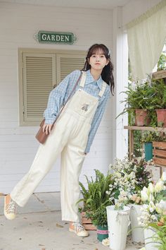 Classic high rise overalls with an embroidered bib featuring a cycling bear with flowers, side pockets and back pockets. Cut open button holes with scissors. S: 34.5" waist, 41.5" hips, 24.5" thighs, 18" ankles, 24" inseamM: 36" waist, 43" hips, 25.5" thighs, 18.5" ankles, 24" inseamL: 37.5" waist, 44.5" hips, 26.5" thighs, 19" ankles, 24" inseam How to attach buckles:Slide the rectangular buckle on first, followed by the T-shaped buckle. Overall straps will hold on its own as such or you can sl White Casual Bib Front Overalls, White Bib Front Overalls With Pockets, White Denim Jumpsuit With Pockets, White Utility Overalls With Pockets, Softgirl Outfits, Bear With Flowers, Overalls White, Softgirl Aesthetic, Button Holes