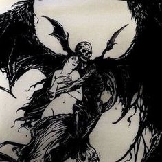 a black and white drawing of a woman hugging a demon