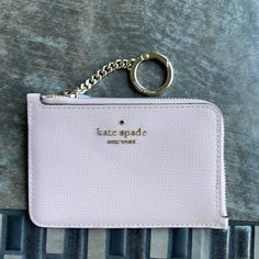 Kate Spade Darcy Medium L-Zip Card Holder Details 3.4" H X 5" W Refined Grain Leather Pvc Ksny Metal Pinmount Logo Two Way Spade Jacquard Lining Exterior: 4 Credit Card Slots Slip Pockets Zip Closure Dust Bag Not Included Imported Katespade Card Holder, Disney Christmas Stockings, Car Things, Kate Spade Card Holder, Clear Card, Key Wallet, Keychain Wallet, Luxury Purses, Large Wallet