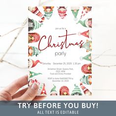 someone holding up a christmas party card with the words, try before you buy all text is editable