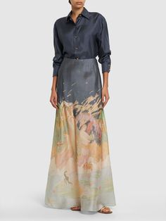 Concealed back zip closure. All over print placement may vary. Model is wearing a size0 Organza Midi Skirt, Flare Maxi Skirt, Silk Midi Skirt, Printed Maxi Skirts, Floral Print Maxi, Asymmetrical Skirt, Printed Silk, Printed Linen, Printed Maxi