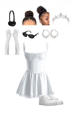 a woman in white dress and accessories including gloves, headbands, sunglasses, hair clips