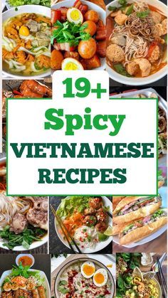 the cover of 19 spicy vietnamese recipes with pictures of different dishes and ingredients in them