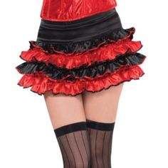 Welcome For Sale Is New In Package~Package Is A Little Distressed Black Red Ruffled Skirt One Size Fits Most Adult/Juniors Enjoy C2 Halloween Party Petticoat With Ruffles, Halloween Ruffled Petticoat For Party, Tiered Skirt For Halloween Cosplay, Halloween Cosplay Tiered Skirt, Black Ruffled Bottoms For Cosplay, Costume Ruffled Tiered Skirt, Halloween Costume Petticoat With Ruffles, Fitted Halloween Petticoat With Ruffles, Ruffled Tiered Skirt For Costume