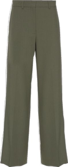 Green Wide Leg Dress Pants For Office, Elegant Olive Bottoms For Workwear, Luxury Green Bottoms With Straight Hem, Olive Wide Leg Pants For Work, Olive Wide Leg Work Pants, Olive Trousers For Workwear, Khaki Pants With Welt Pockets For Work, Khaki Wide Leg Pants For Work With Belt Loops, Classic Khaki Dress Pants For Work