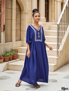 Bjux - Womens Plus Size Bohemian Abaya Dress, Floral Embroidered V-Neck Half Sleeve Maxi Kaftan Dress for a Loose and Elegant Look V-neck Floral Embroidered Maxi Dress For Eid, Eid Floral Embroidered V-neck Maxi Dress, V-neck Floral Embroidery Maxi Dress For Eid, Floral Embroidered V-neck Maxi Dress For Eid, V-neck Maxi Dress With Floral Embroidery For Eid, Spring Beach V-neck Abaya, Festive V-neck Embroidered Abaya, Bohemian V-neck Abaya For Beach, Summer V-neck Embroidered Abaya