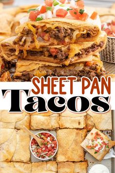 sheet pan tacos stacked on top of each other with text overlay that reads sheet pan tacos