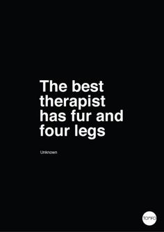 a black and white photo with the words, the best therapy has fur and four legs