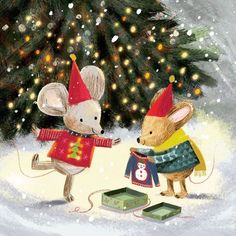 a painting of two mice in front of a christmas tree