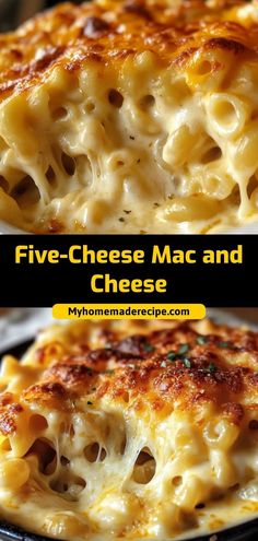 three cheese mac and cheese casserole is shown in two different images, one with the