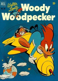 an old comic book with woody the duck on it's back cover, flying through the sky