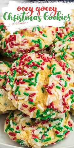 ooey gooey Christmas cookies with red, white, and green sprinkles Large Batch Cookies Christmas, Ooey Gooey Christmas Cookies, Gooey Christmas Cookies, Big Batch Christmas Cookies, Easy Cookies For A Crowd, Peanut Butter Christmas Cookies, Ooey Gooey Cookies, Cookies For A Crowd, Butter Christmas Cookies