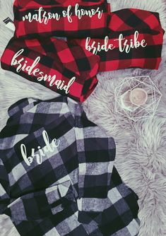 three red and black flannel shirts with the words bridesmaid on them