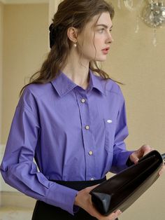 Violet Round Neck Striped Cotton T-shirt Purple Long Sleeve Shirt For Business Casual, Purple Shirt With Button Cuffs Long Sleeve, Purple Shirt With Button Cuffs And Long Sleeves, Purple Long Sleeve Shirt With Button Cuffs, Purple Long Sleeve Business Casual Top, Purple Long Sleeve Top For Business Casual, Office Long Sleeve Blouse With Pockets, Purple Long Sleeve Blouse For Work, Office Style Long Sleeve Blouse With Button Closure